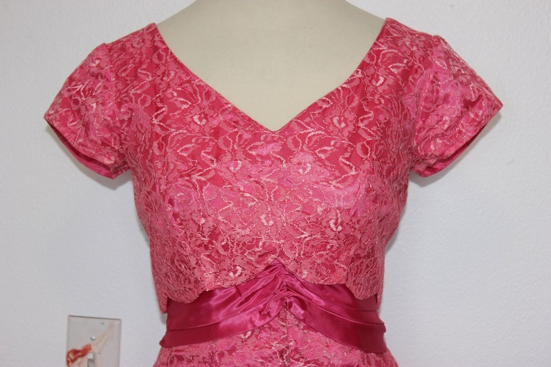 Vintage 1950s Pink Lace Tea Length Formal Gown image 4