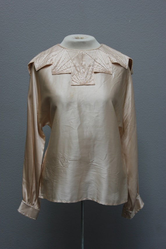 Vintage 1970s Champagne Silk Beaded Blouse