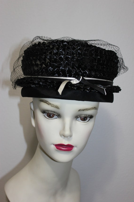 Exquisite 1950s Black Straw Pillbox Hat Gem