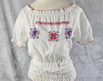 Vintage Embroidered Peasant Blouse: Size 4, Elastic Shirred Waist