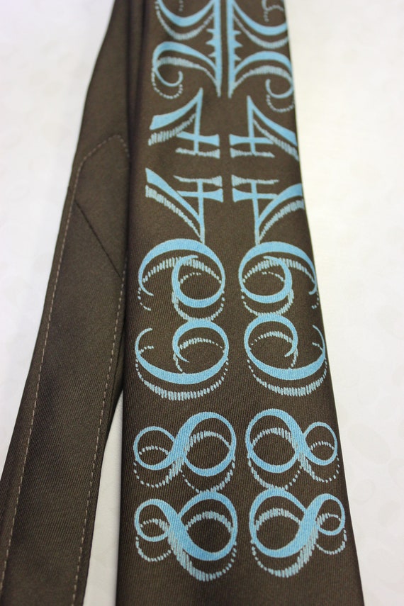 Gorgeous Brown 1970s Vintage Tie With Blue Numeri… - image 3