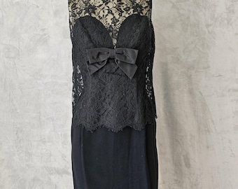 Sexy Vintage Black Crepe and Lace Party Gown