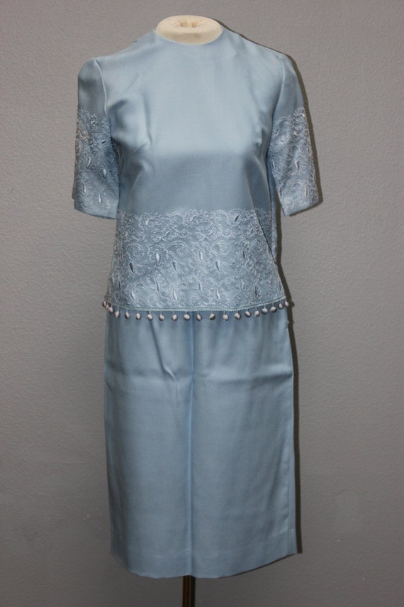 Classy Vintage Blue Embroidered Skirt Suit