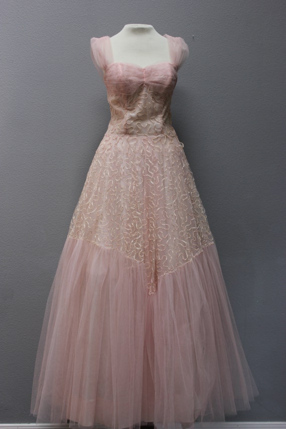 Vintage 1950s Pink Tulle Full Length Prom Dress