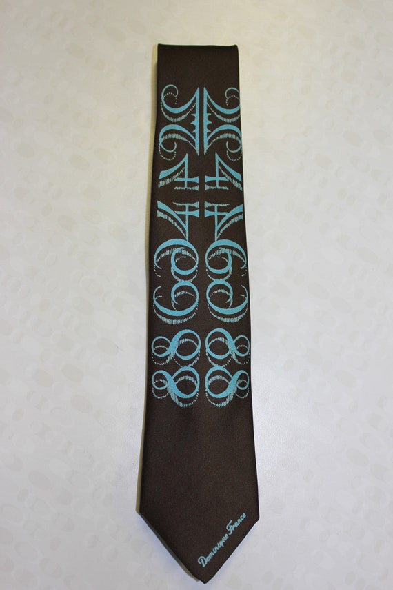 Gorgeous Brown 1970s Vintage Tie With Blue Numeri… - image 2