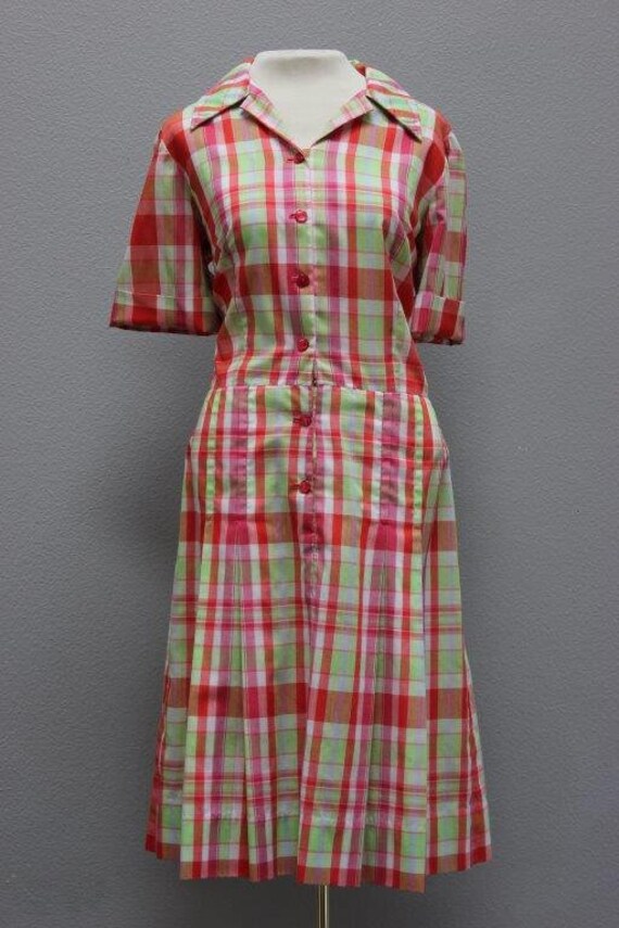 Plaid Cotton 1950's Dropped Waist Dress - image 1