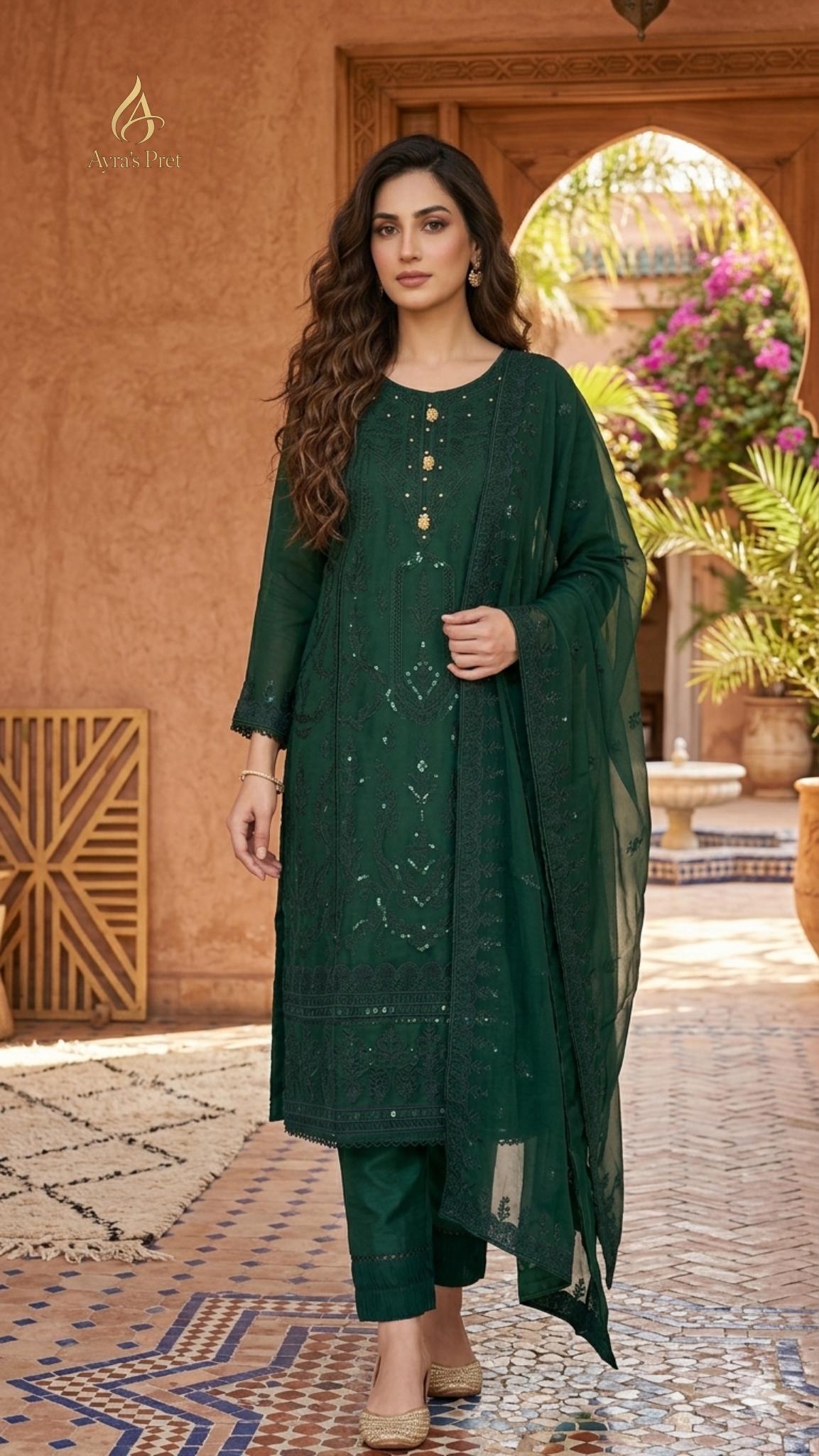 green emerald velvet dress Mehndi Green Color Thread Sequence Work Gown – subhvastra main image 1