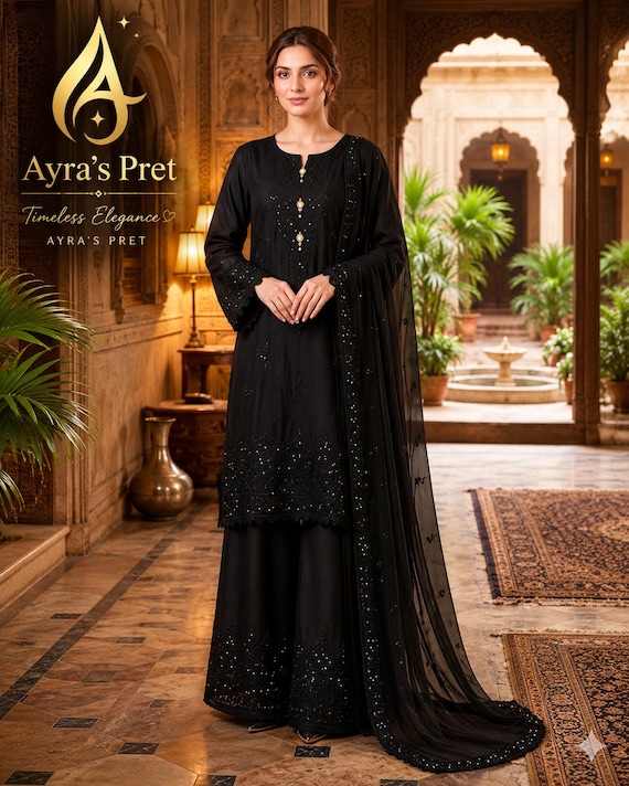 Agha Noor - Midnight Elegance Shamoz Silk 3 Piece Plazo Suit | Pakistani/Indian Wedding | Eid/Mehndi/Nikkah/Valima
