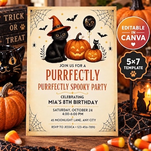 May include: A rectangular Halloween party invitation template featuring a black cat wearing an orange witch hat, two pumpkins, a cat-faced balloon, and bats. The text reads: JOIN US FOR A PURRFECTLY PURRFECTLY SPOOKY PARTY CELEBRATING MIA'S 8TH BIRTHDAY.