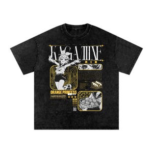 May include: Black graphic t-shirt featuring a manga-style illustration of a character with the text "KAGAMINE RIN" and "ORANGE PRINCESS". The design includes orange and yellow accents, and a basket of oranges. The shirt has a vintage, washed look.