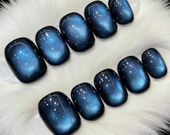Mörkblå cat eye press on naglar, safirfärgade cat eye gel naglar, bling naglar, blå cat eye naglar, presenter till henne.