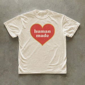 Human Made Heart T-Shirt, Minimalist Retro Typography Tee, Vintage Red Heart Graphic