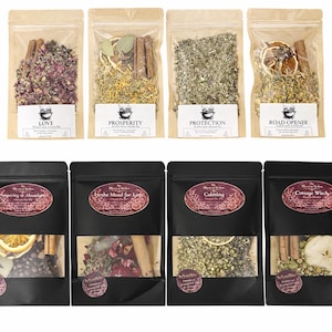 May include: An assortment of dried herbs and botanicals in clear and black pouches. The pouches are labeled with words like "Love", "Prosperity", and "Road Opener". The herbs include rose petals, cinnamon sticks, and dried citrus slices.