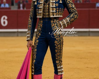 Luxus-Marineblauer Matador-Anzug | Handgefertigtes Stierkämpfer Kostüm mit Goldstickerei | Maßgeschneiderte Traje de Luces | Spanische Torero Kleidung