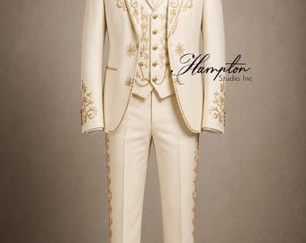 Luxus-Ivory Western-Hochzeitsanzug für Männer, Gold bestickter Bräutigamanzug, Cowboy-Hochzeits-Smoking, rustikale Ranch-formelle Kleidung