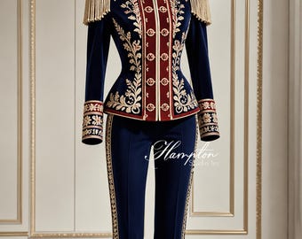 Luxuriöser königlicher Militäranzug für Damen, Set aus bestickter Jacke und Hose mit Samtbestickung, zeremonielle Couture-Uniform, königliches Modeoutfit