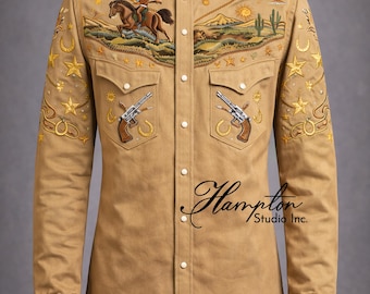 Western-cowboy-geborduurd shirt voor mannen, vintage rodeo-shirt, western-drukknoopshirt, geborduurd cowboypaard