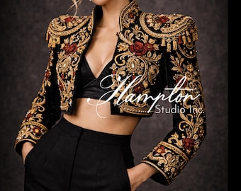 Luxury Embroidered Matador Jacket - Women’s Velvet Cropped Bolero - Ornate Gold & Maroon Bullion Embroidery