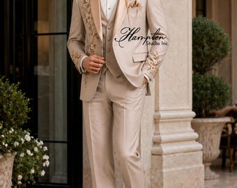 Champagne Wedding Tuxedo for Men, Beige Floral Embroidered Suit, Luxury Groom Suit, Handmade Embroidery Blazer, 3 Piece Reception Tuxedo