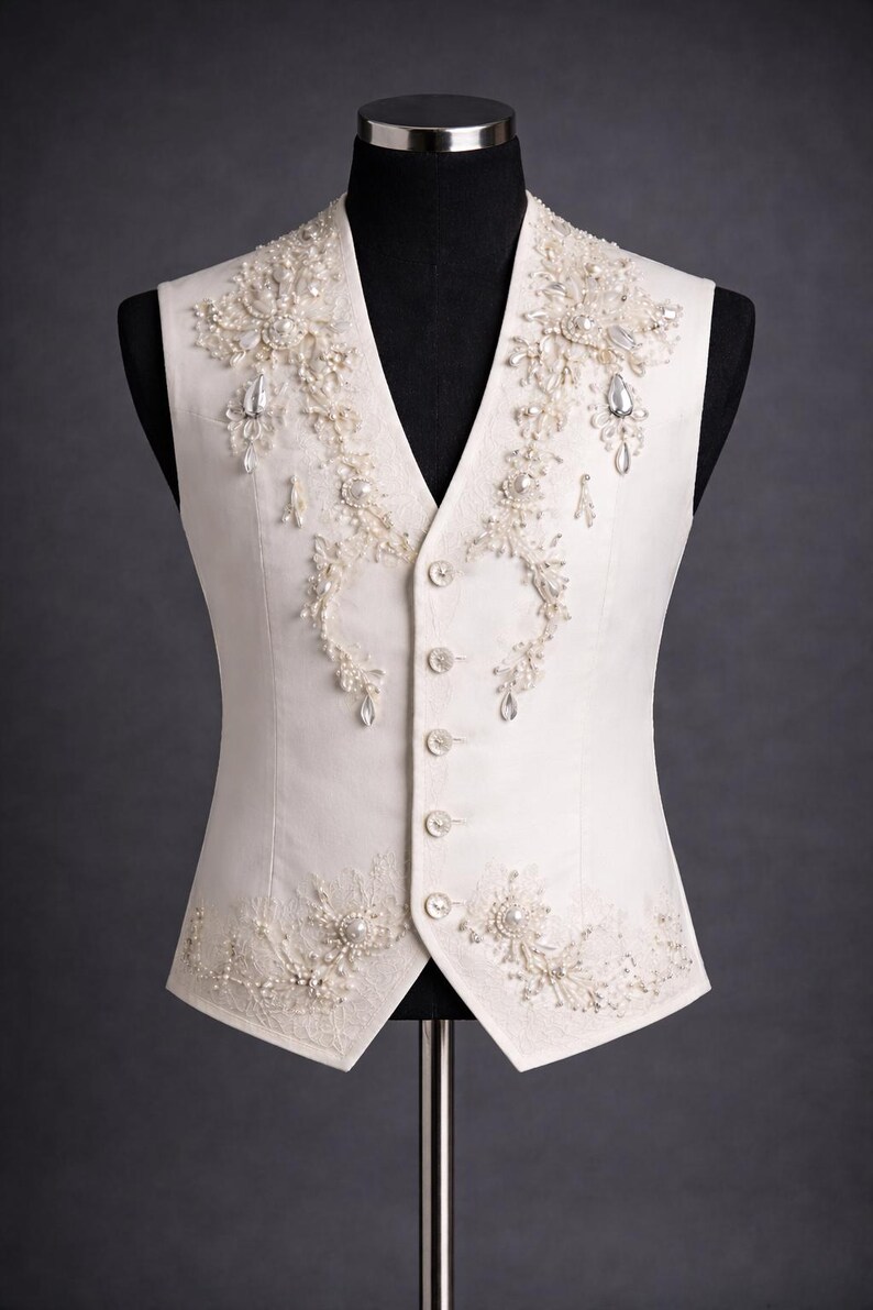 Op de afbeelding: Ivoor kleurige vest met ingewikkelde bloemenborduurwerk en versieringen. Het vest heeft een V-hals, knoopsluiting en is versierd met parels en glinsterende kristallen. Het ontwerp wordt op een mannequin getoond.