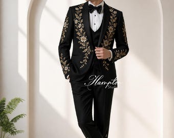Schwarzer bestickter Tuxedo-Anzug für Männer, Luxushochzeitsanzug, Bräutigam Anzug Männer, Esszimmerjacke mit Blumenmuster, Designer-Anzug, 3-teiliger Herrenanzug