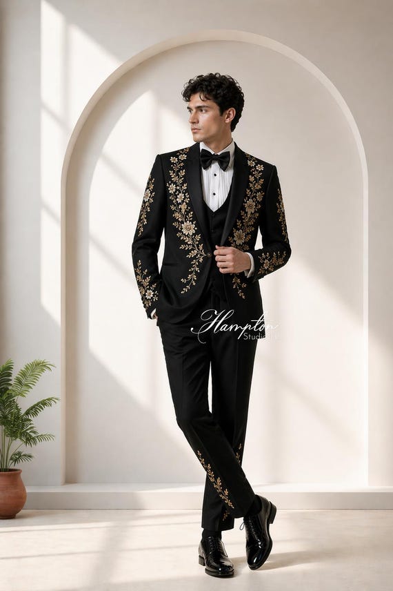 Black Embroidered Tuxedo Men, Luxury Wedding Suit, Groom Suit Men, Floral Dinner Jacket, Designer Formal Suit, Mens 3 Piece Suit