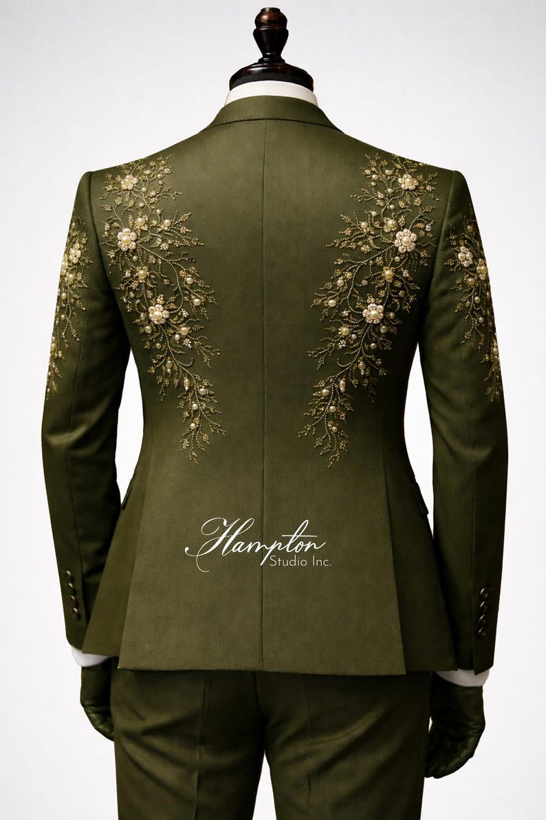 Luxury Green Embroidered Suit Men, Designer Wedding Suit, Floral Pearl Blazer, Groom Outfit, Custom Mens Suit, Statement Formal Wear image 7