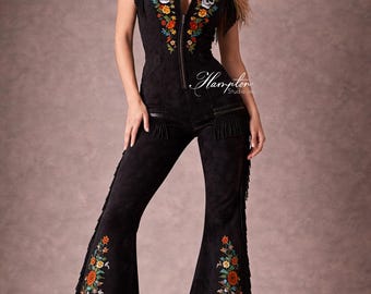 Schwarzer Western Fransen Jumpsuit, Schädel besticktes Outfit, Cowgirl Outfit Frauen, Rodeo Outfit, Country Konzert Outfit, Gothic Western Jumpsuit
