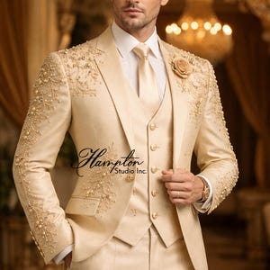 Ivory Embroidered Groom Tuxedo Suit for Wedding | Luxury Pearl Beaded Men’s Wedding Suit | Designer Cream Wedding Blazer Set