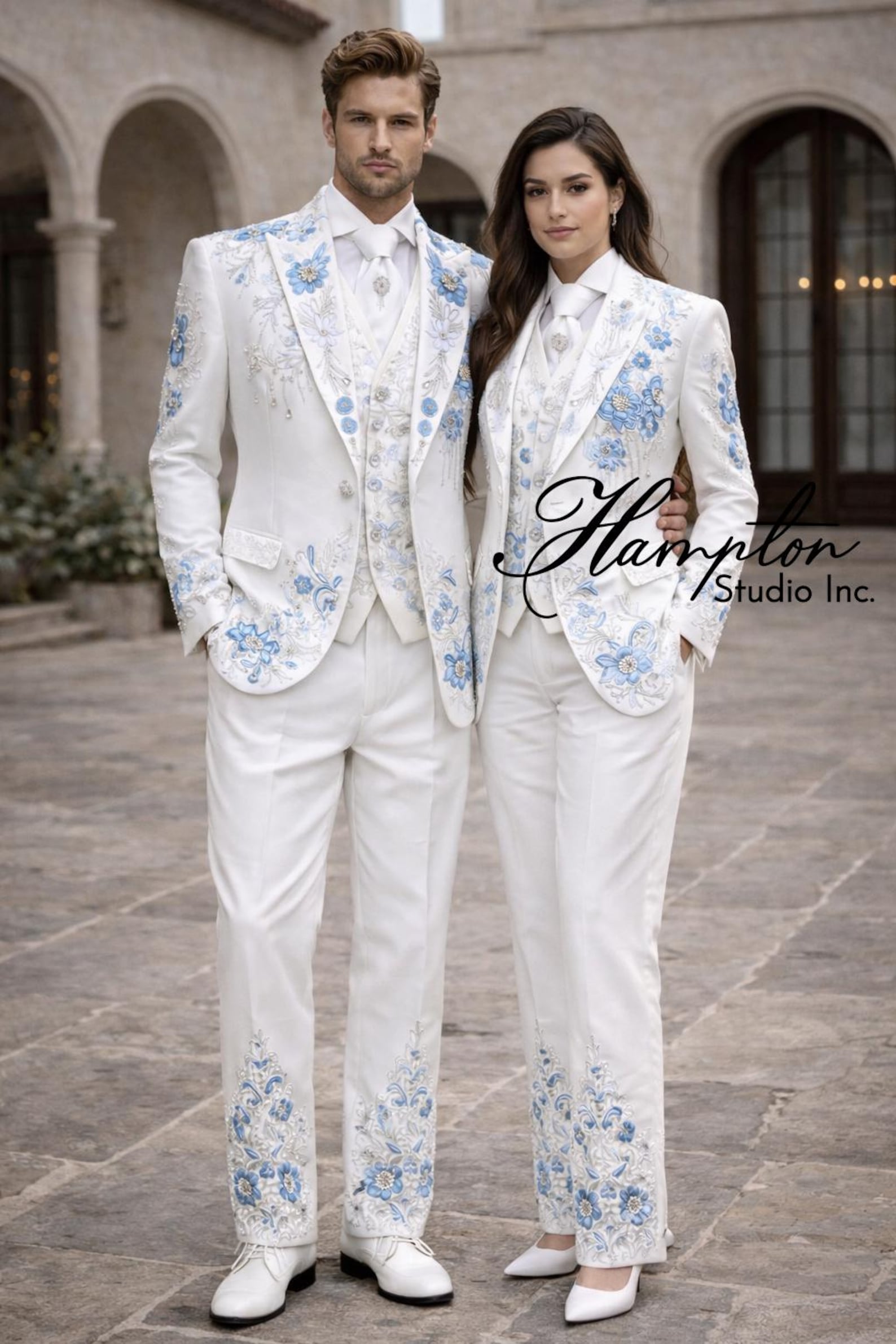 Luxury White Embroidered Wedding Suit for Men, Floral Groom Suit
