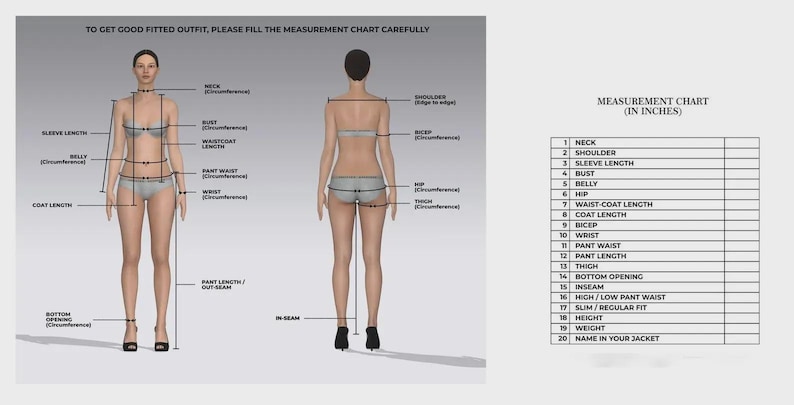 May include: Diagram illustrating body measurements for clothing fit. Includes front and back views of a person with labeled measurement points like neck, bust, and waist. A measurement chart in inches is also present.