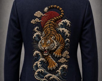 Luxus-Marineblauer bestickter Tigeranzug für Männer, japanische Welle-Blazer-Set, handbestickter Statement-Anzug, Designer-Hochzeitsanzug