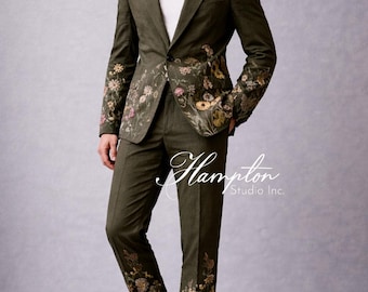 Olivgrün bestickter Anzug Herren, Floral Designer Anzug, Hochzeitsanzug Herren, Modernes Bräutigam Outfit, Luxus Herrenanzug, Statement Anzug