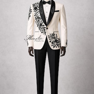 Men’s Ivory Embroidered Tuxedo Suit, Black Floral Wedding Tuxedo, Groom Prom Suit, Luxury Designer Blazer Set, Formal Evening Suit