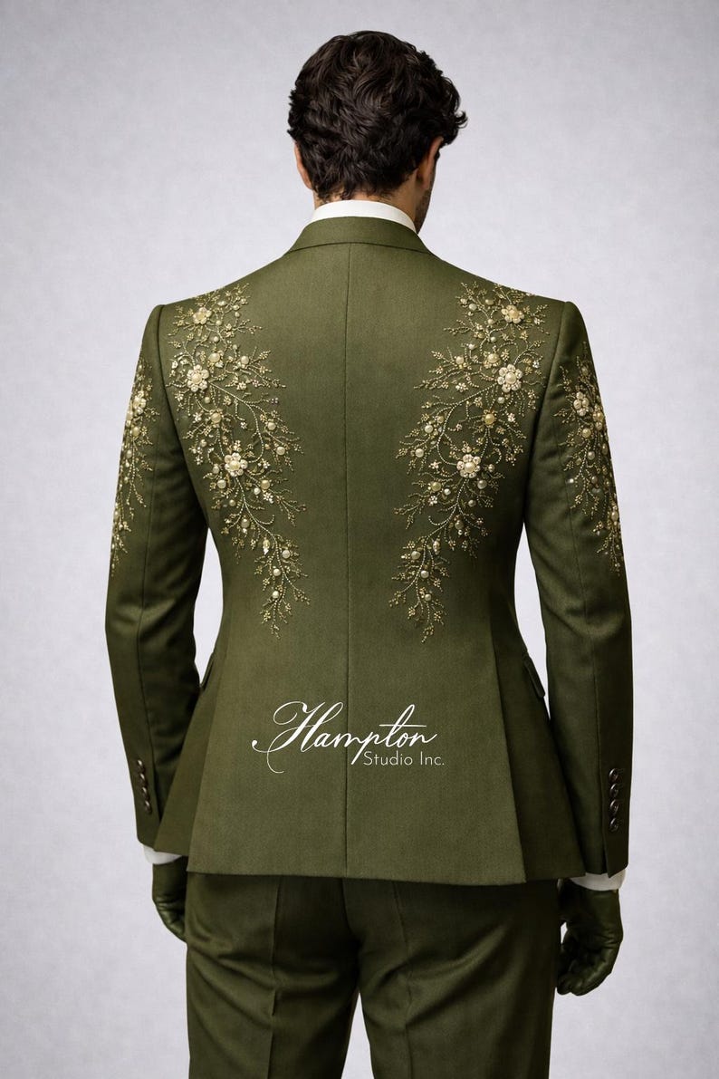 Luxury Green Embroidered Suit Men, Designer Wedding Suit, Floral Pearl Blazer, Groom Outfit, Custom Mens Suit, Statement Formal Wear image 6