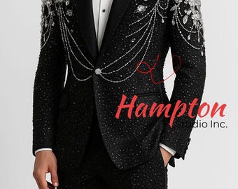 Vollständig individueller schwarzer bestickter Smoking für Herren | Handgefertigter Luxus Designer Bräutigam & Hochzeitsanzug | Couture Kristall Blazer
