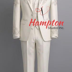 Embroidered Wedding Tuxedo | Ivory Groom Suit, Custom Fit image 1