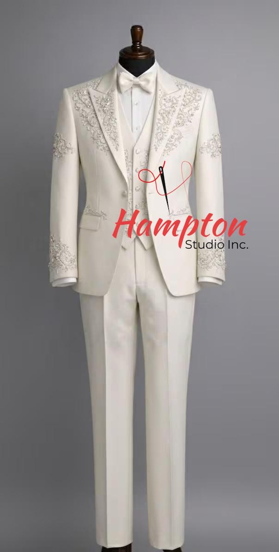 Embroidered Wedding Tuxedo | Ivory Groom Suit, Custom Fit