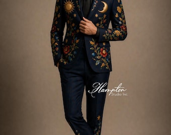 Traje Celestial Azul Marino para Hombre, Traje de Boda Bordado, Esmoquin Sol y Luna, Traje de Diseñador para Hombre, Ropa Formal Destacada, Traje de Novio de Lujo