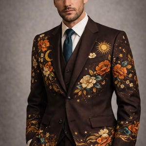 Luxury Floral Embroidered Suit Men, Designer Wedding Suit, Celestial Blazer Sun Moon Jacket, Groom Outfit, Statement Menswear, Custom Suit