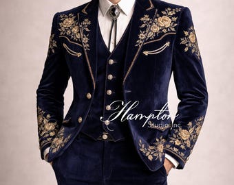 Navy Velvet Embroidered Suit Men, Luxury Wedding Suit, Designer Groom Suit, Floral Tuxedo, Royal Formal Suit, Statement Mens Suit