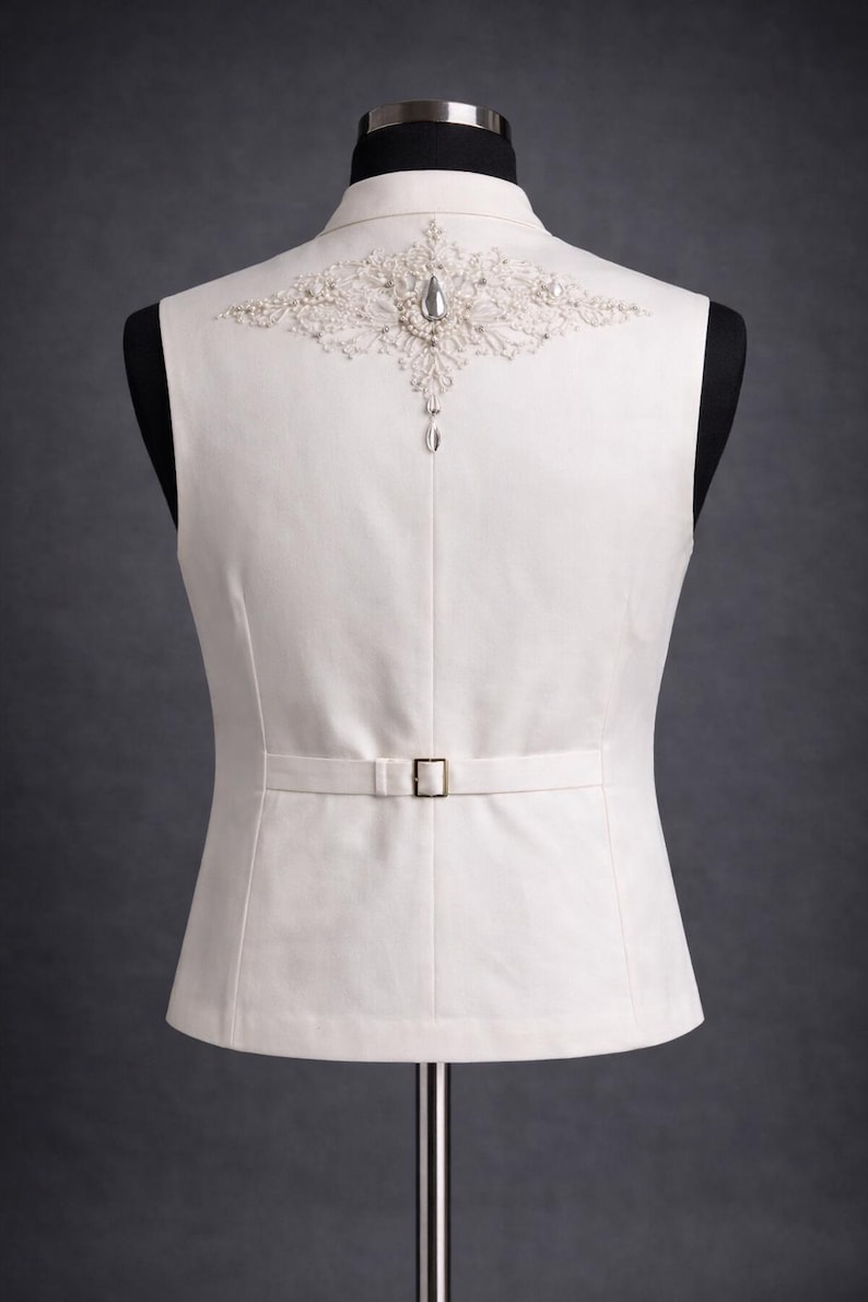 Op de afbeelding: Ivoor vest met sierlijke kralen en juwelen op de rug. Het vest heeft een kleine gesp in de taille en wordt op een mannequin getoond. De achtergrond is effen grijs.
