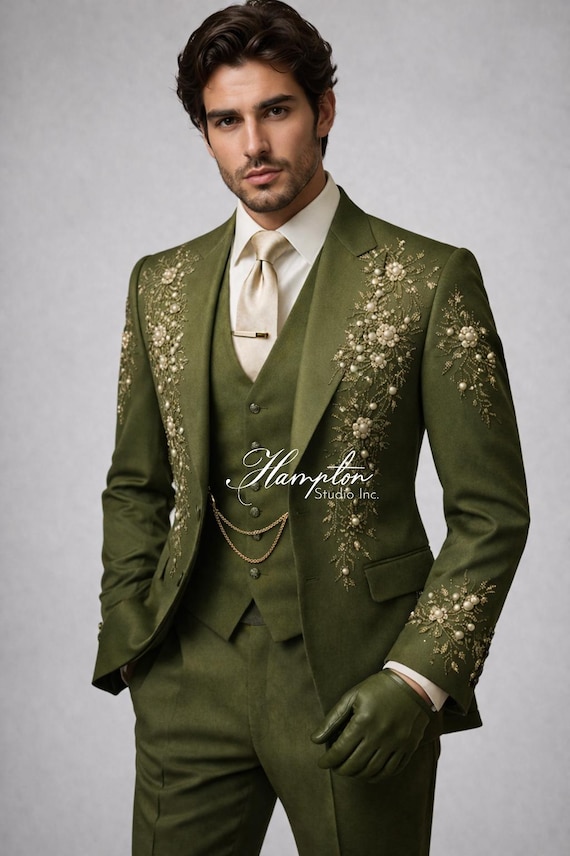Luxury Green Embroidered Suit Men, Designer Wedding Suit, Floral Pearl Blazer, Groom Outfit, Custom Mens Suit, Statement Formal Wear