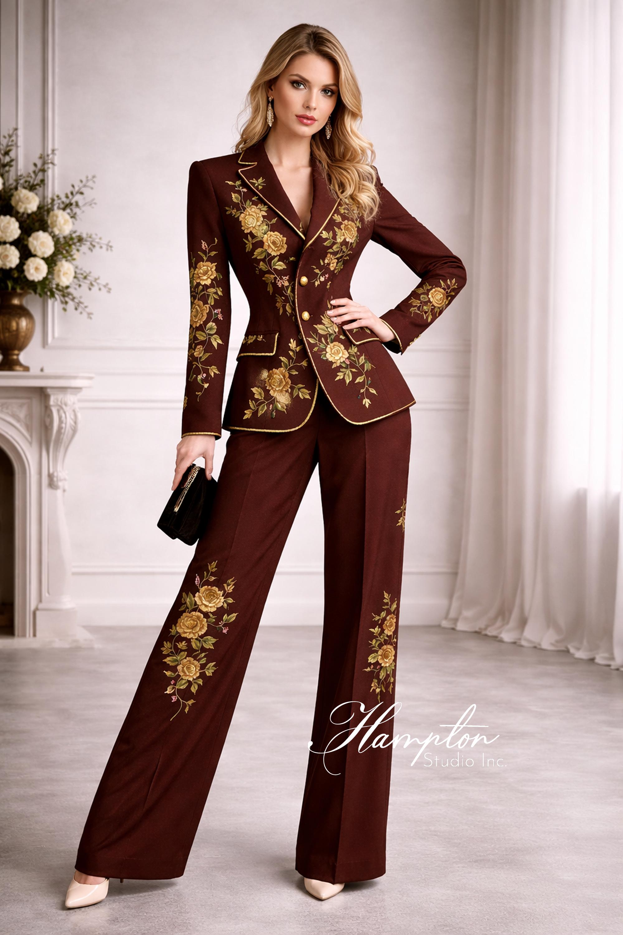 green emerald velvet dress Gold Suit For Prom - Gold Blazer + Matching Pants + Men's Black and Rose  Gold Tuxedo with Textured Floral Design- Wedding - Prom main image 0
