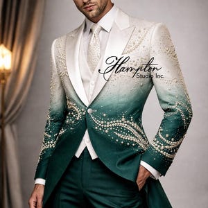 Ivory Pearl Embroidered Men Suit, Luxury Wedding Tuxedo, Beaded Groom Suit, Designer Formal Blazer Set, Custom Reception Suit