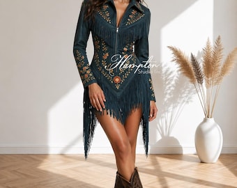 Western Fransen Kleid Frauen, Blaues besticktes Kleid, Cowgirl Minikleid, Rodeo Outfit Frauen, Country Konzertkleid, Boho Westernkleid