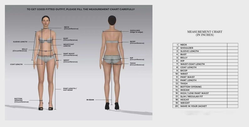 May include: Diagram illustrating body measurements for clothing fit. The image includes front and back views of a person with labeled measurement points like neck, bust, and waist. A measurement chart in inches is also present, with fields for various body measurements.