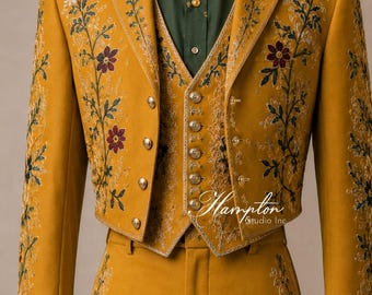 Senfgelber Charro-Anzug für Männer | Handgemachter Mariachi-Anzug mit Blumenstickerei | Mexikanische Hochzeit Bräutigam Outfit | Benutzerdefinierte 3-teiliger Anzug