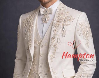 Ivory White bestickter Smoking für Männer - Luxus-Hochzeits-Bräutigam-Anzug, Designer-formales Abschlussball-Outfit