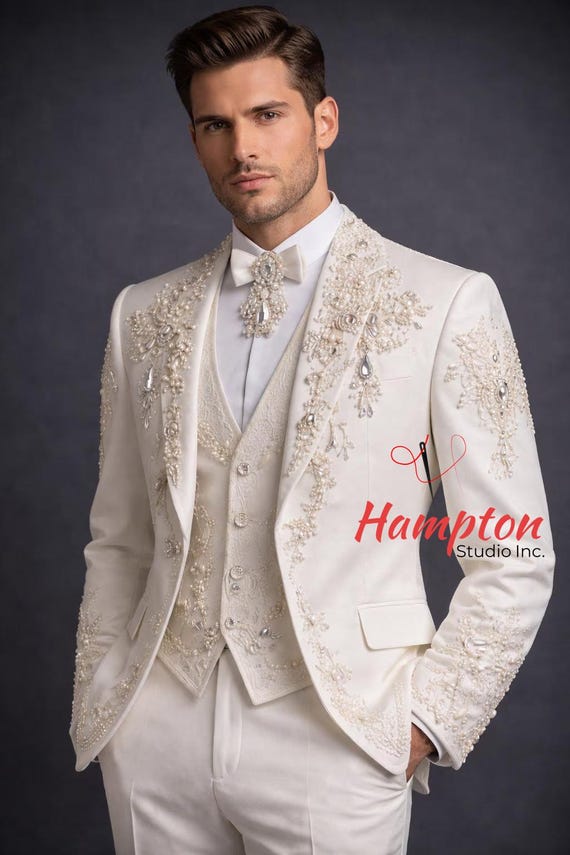 Ivory White Embroidered Tuxedo Suit for Men – Luxury Wedding Groom Suit, Designer Formal Prom Outfit